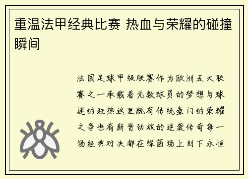 重温法甲经典比赛 热血与荣耀的碰撞瞬间